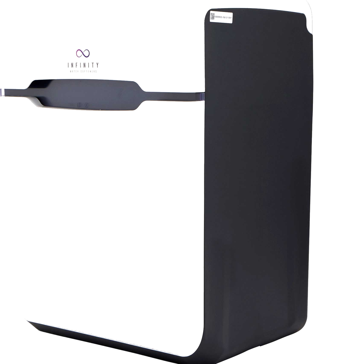 Infinity Ultra water softener side profile showing dark grey cabinet