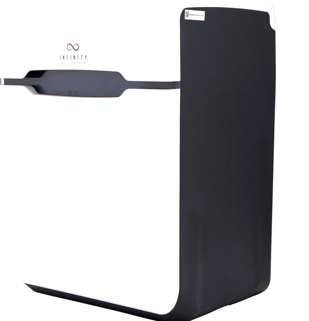 Infinity Ultra water softener side profile showing dark grey cabinet