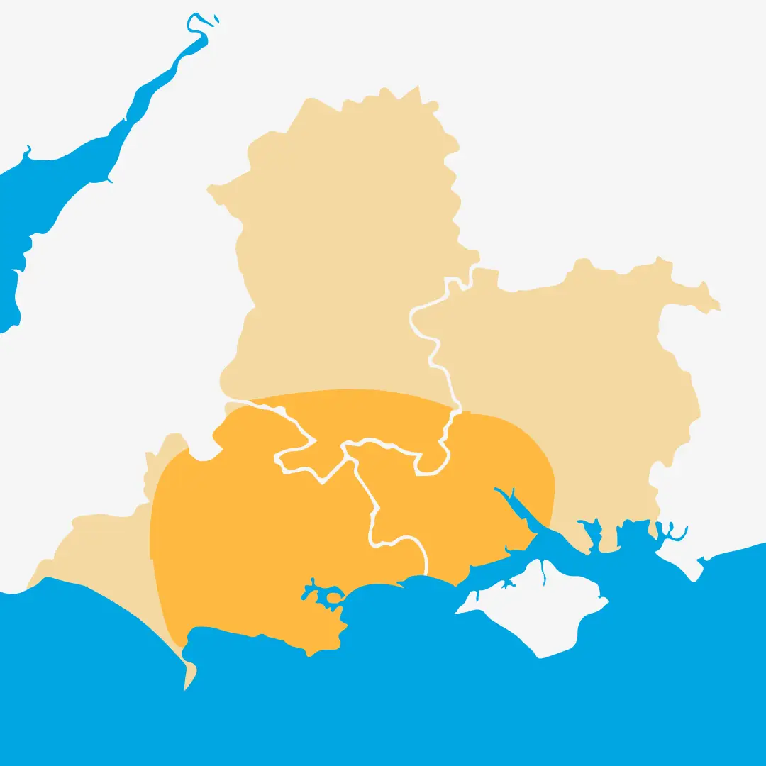 Map showing Southern Softflow service area covering Dorset, Hampshire and Wiltshire