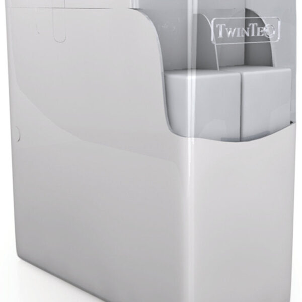 TwinTec S4 water softener with transparent lid showing salt blocks inside