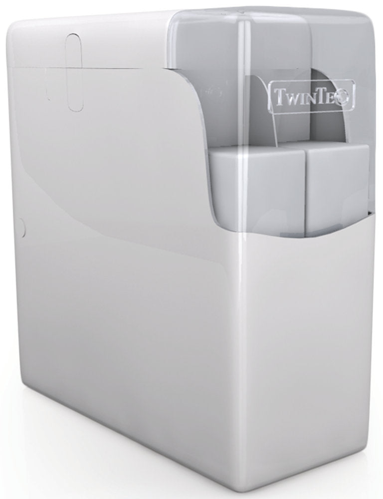 TwinTec S4 water softener with transparent lid showing salt blocks inside